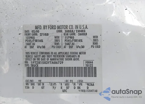 2000 Ford Ranger Xlt z USA, uszkodzony, nr VIN 1FTZR15X3YTA86729